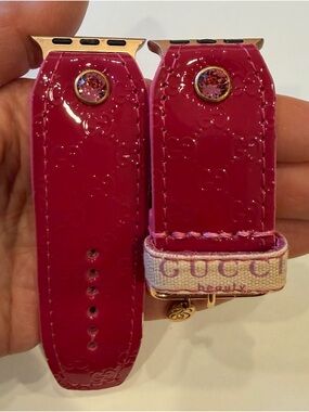 Fuchsia Patent Leather Gucci Spark*l band for Apple Watch, size 2